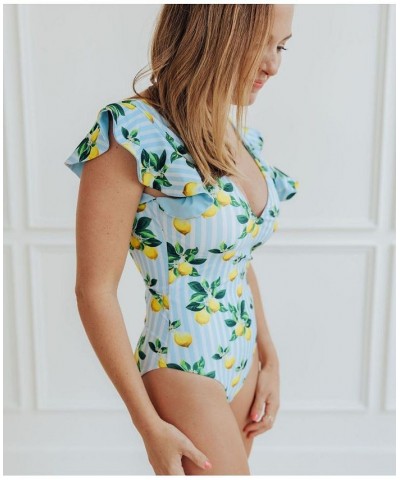 Women's Amalfi Coast Lemon Ruffle One Piece Suit Blue and white stripe lemons $44.20 Swimsuits