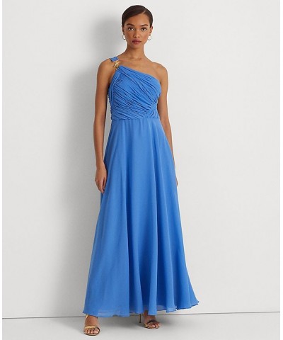 Women's Georgette One-Shoulder Gown New England Blue $90.75 Dresses