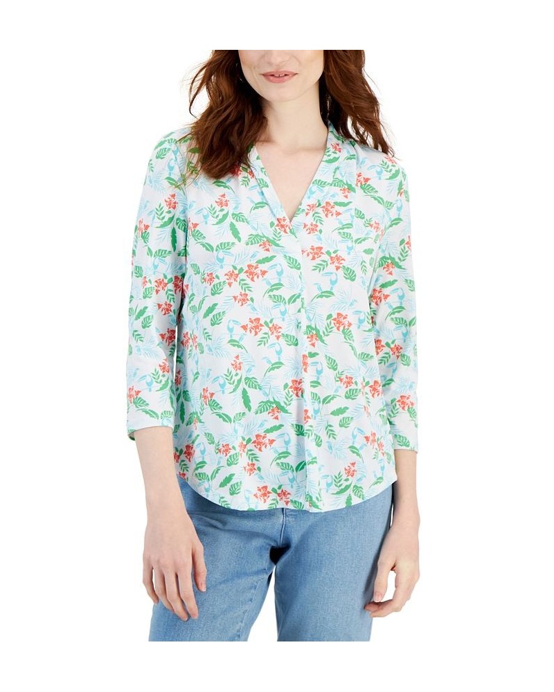 Petite Knit 3/4-Sleeve Tropical Toucans Top Bright White Combo $10.72 Tops