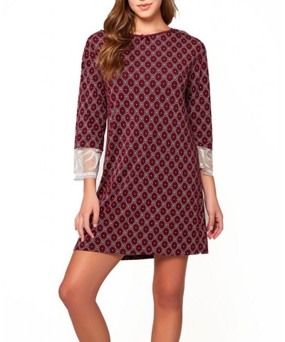 Women's Diamond Pattern Ultra Soft Print Knit Sleep Shirt with Tie Back and Deep V Open Back Burgundy $32.12 Lingerie