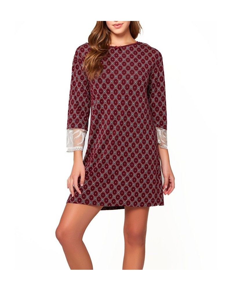 Women's Diamond Pattern Ultra Soft Print Knit Sleep Shirt with Tie Back and Deep V Open Back Burgundy $32.12 Lingerie