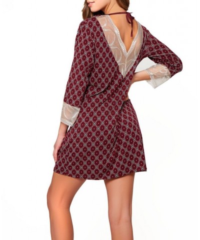 Women's Diamond Pattern Ultra Soft Print Knit Sleep Shirt with Tie Back and Deep V Open Back Burgundy $32.12 Lingerie