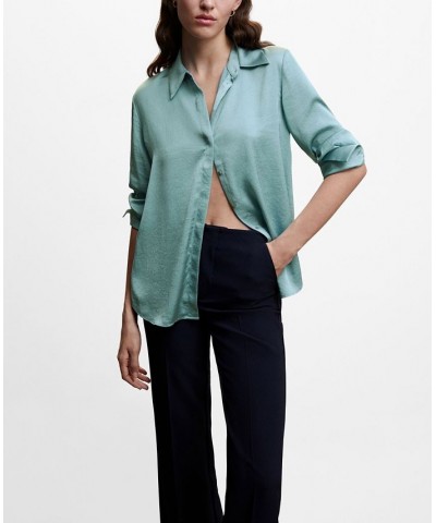 Women's Satin Finish Flowy Shirt Blue $26.40 Tops