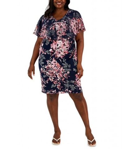 Plus Size Printed-Capelet Overlay Dress Navy/Mauve $35.60 Dresses