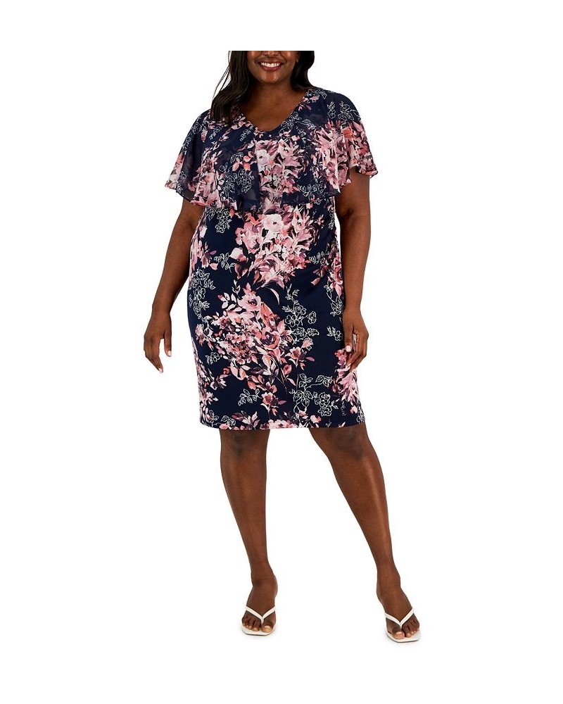 Plus Size Printed-Capelet Overlay Dress Navy/Mauve $35.60 Dresses