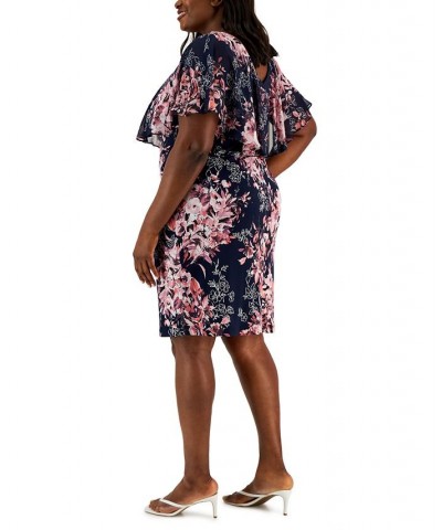 Plus Size Printed-Capelet Overlay Dress Navy/Mauve $35.60 Dresses