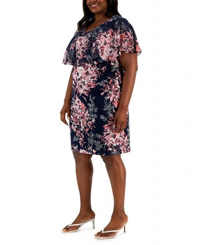 Plus Size Printed-Capelet Overlay Dress Navy/Mauve $35.60 Dresses