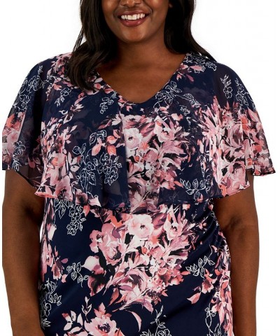 Plus Size Printed-Capelet Overlay Dress Navy/Mauve $35.60 Dresses