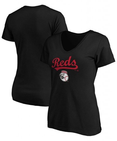 Women's Black Cincinnati Reds Team Logo Lockup V-Neck T-shirt Black $19.60 Tops