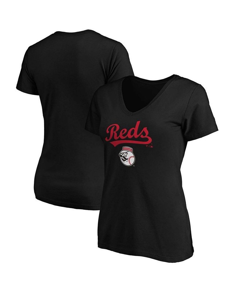 Women's Black Cincinnati Reds Team Logo Lockup V-Neck T-shirt Black $19.60 Tops