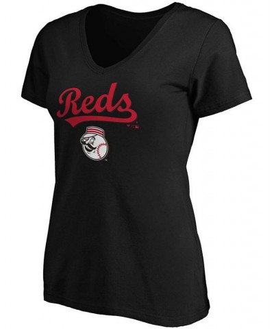 Women's Black Cincinnati Reds Team Logo Lockup V-Neck T-shirt Black $19.60 Tops