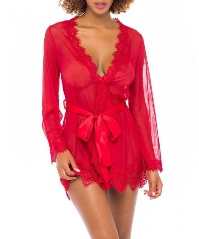 Eyelash Lace Robe with Satin Sash & Thong 2pc Lingerie Set Red $23.02 Lingerie