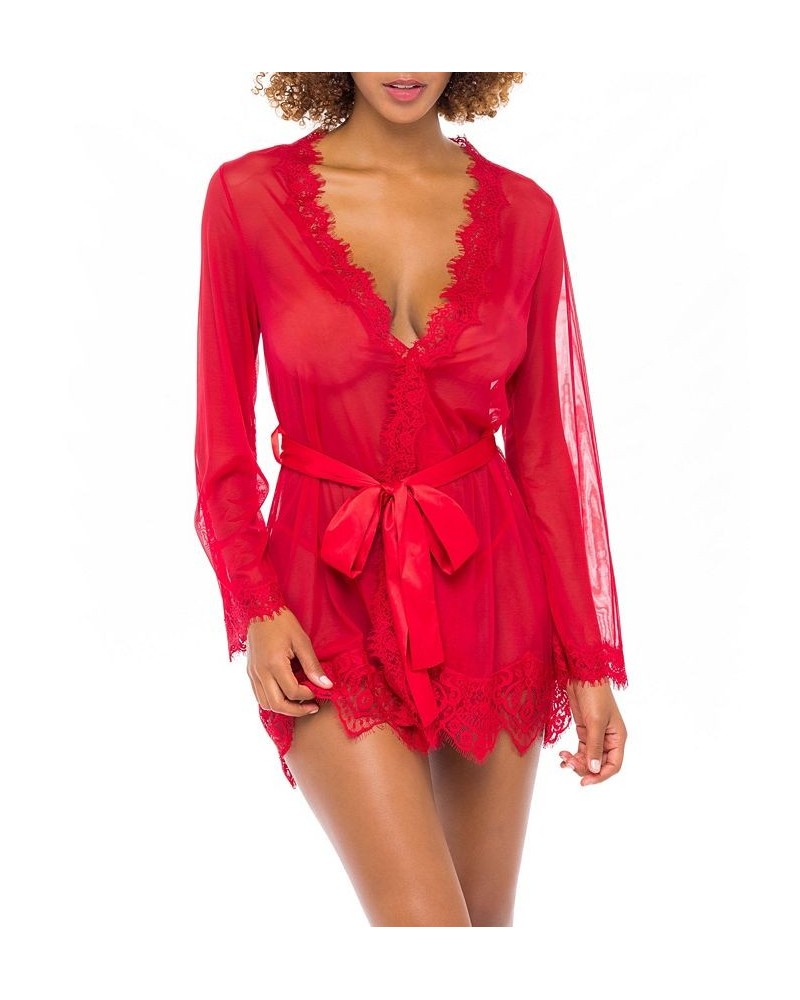 Eyelash Lace Robe with Satin Sash & Thong 2pc Lingerie Set Red $23.02 Lingerie