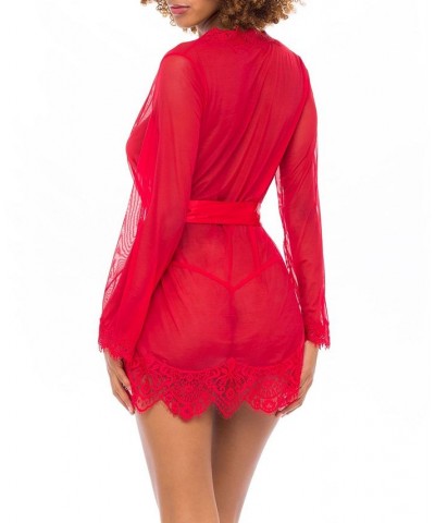 Eyelash Lace Robe with Satin Sash & Thong 2pc Lingerie Set Red $23.02 Lingerie