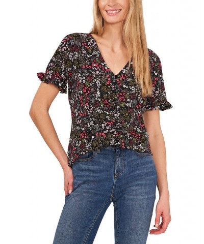 Cascading Florets Ruffled Sleeve Top Rich Black Ditsy $32.39 Tops