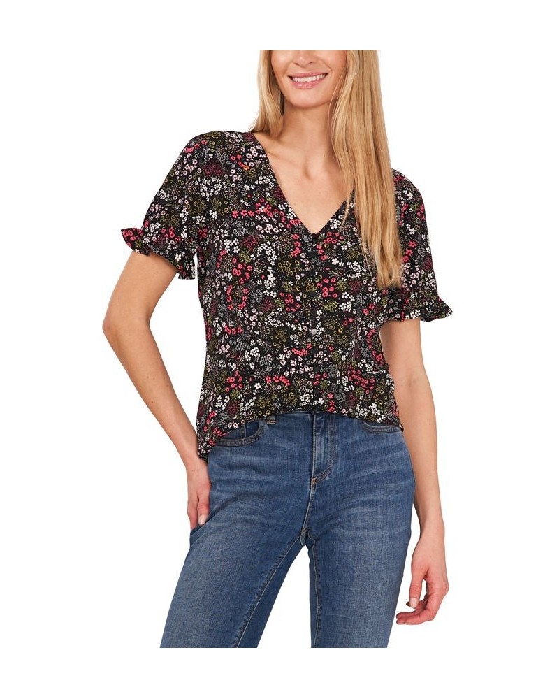 Cascading Florets Ruffled Sleeve Top Rich Black Ditsy $32.39 Tops