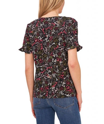 Cascading Florets Ruffled Sleeve Top Rich Black Ditsy $32.39 Tops