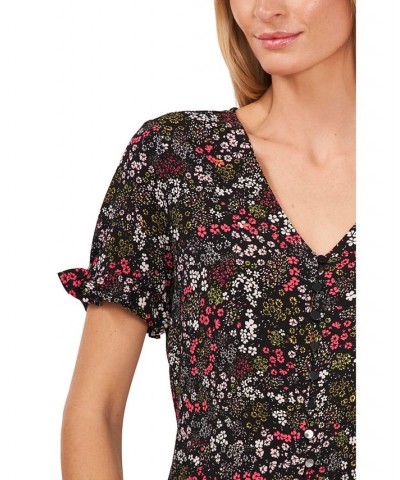 Cascading Florets Ruffled Sleeve Top Rich Black Ditsy $32.39 Tops