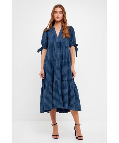 Women's Gingham Tiered Midi Dress with Bow Tie Sleeves Blue $49.00 Dresses