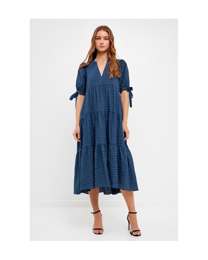 Women's Gingham Tiered Midi Dress with Bow Tie Sleeves Blue $49.00 Dresses