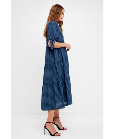 Women's Gingham Tiered Midi Dress with Bow Tie Sleeves Blue $49.00 Dresses