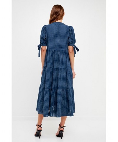 Women's Gingham Tiered Midi Dress with Bow Tie Sleeves Blue $49.00 Dresses