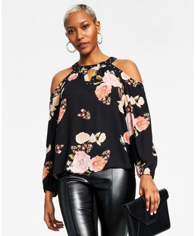 Women's Printed Cold-Shoulder Top Black $29.33 Tops