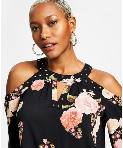 Women's Printed Cold-Shoulder Top Black $29.33 Tops