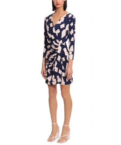 Women's Printed Ruched Twist-Front Mini Dress Navy/Peach Buff $48.84 Dresses