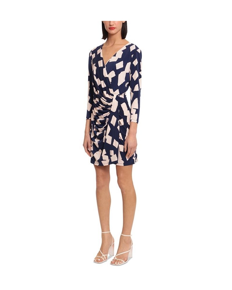 Women's Printed Ruched Twist-Front Mini Dress Navy/Peach Buff $48.84 Dresses