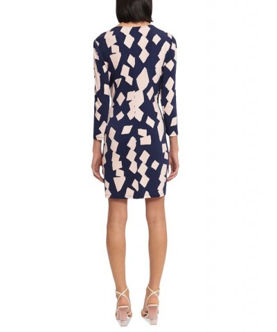 Women's Printed Ruched Twist-Front Mini Dress Navy/Peach Buff $48.84 Dresses