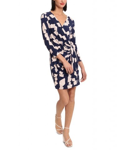 Women's Printed Ruched Twist-Front Mini Dress Navy/Peach Buff $48.84 Dresses