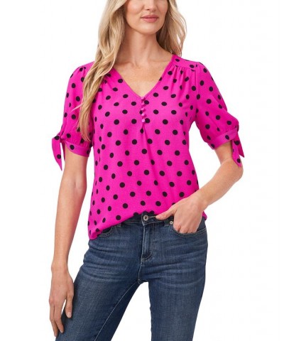 Women's Disco Dot Tie-Sleeve Short Sleeve Blouse Pink $19.66 Tops