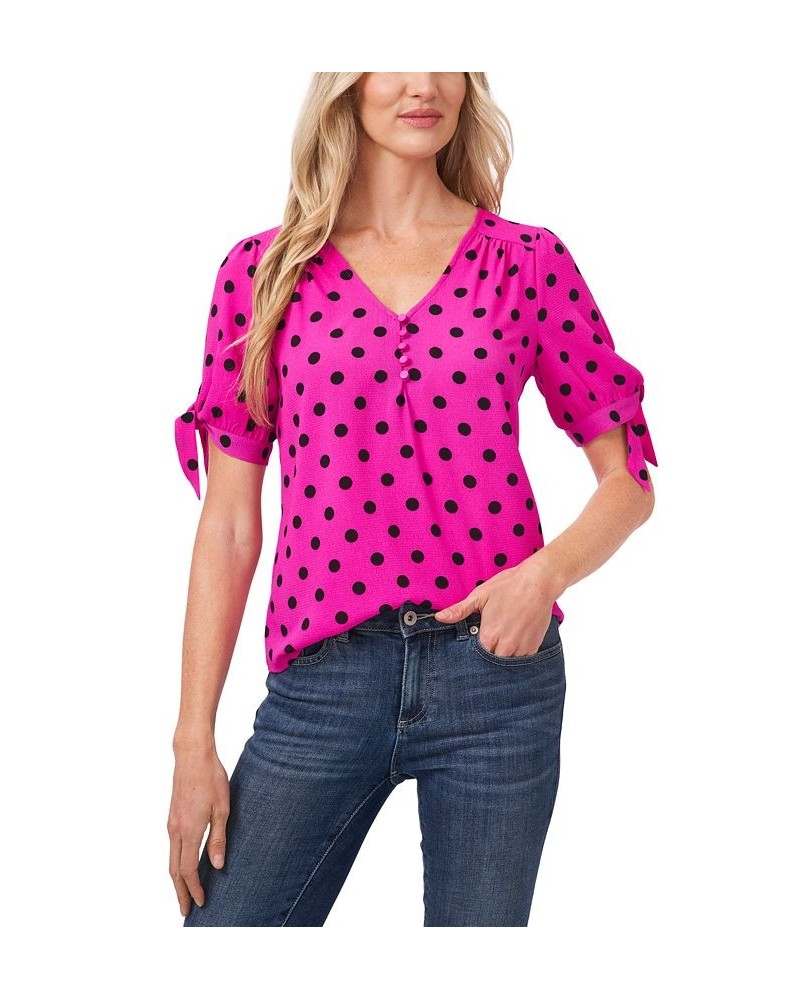 Women's Disco Dot Tie-Sleeve Short Sleeve Blouse Pink $19.66 Tops