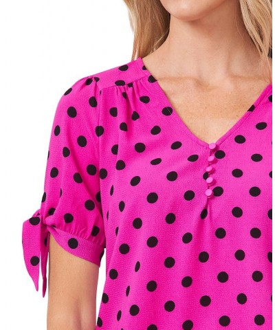 Women's Disco Dot Tie-Sleeve Short Sleeve Blouse Pink $19.66 Tops