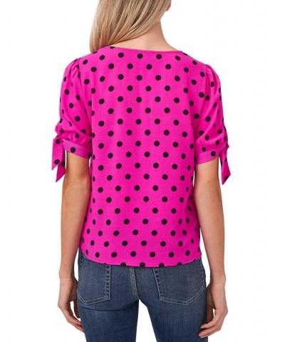 Women's Disco Dot Tie-Sleeve Short Sleeve Blouse Pink $19.66 Tops