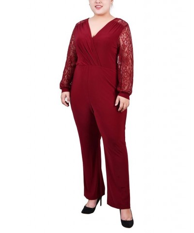 Plus Size Jumpsuit with Lace Sleeve Wine $21.95 Pants