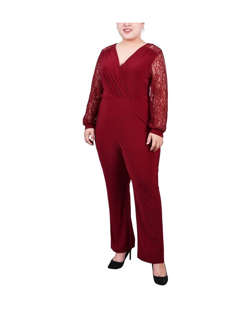 Plus Size Jumpsuit with Lace Sleeve Wine $21.95 Pants