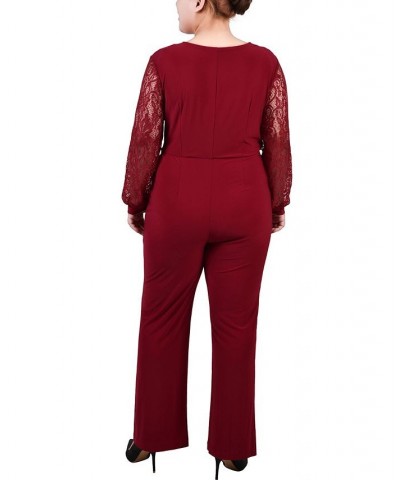 Plus Size Jumpsuit with Lace Sleeve Wine $21.95 Pants