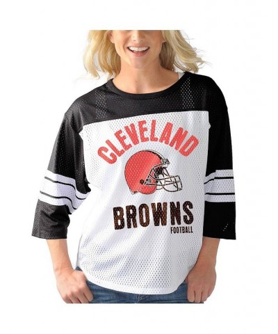 Women's White Black Cleveland Browns First Team Three-Quarter Sleeve Mesh T-shirt White, Black $29.69 Tops