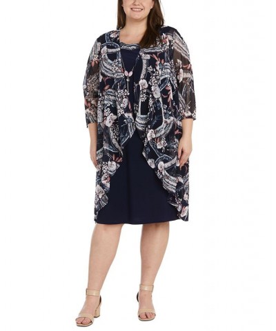 Plus Size Two-Piece Cascade Printed Jacket Sheath Dress Navy/Rose $57.12 Dresses