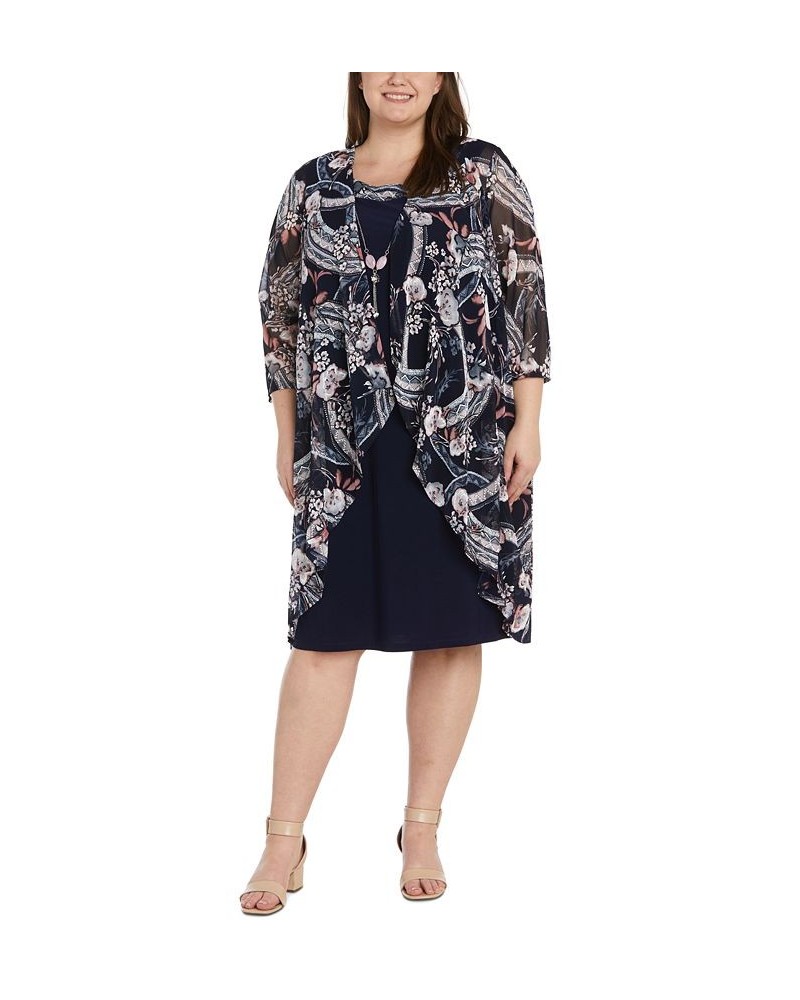 Plus Size Two-Piece Cascade Printed Jacket Sheath Dress Navy/Rose $57.12 Dresses