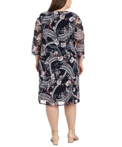 Plus Size Two-Piece Cascade Printed Jacket Sheath Dress Navy/Rose $57.12 Dresses