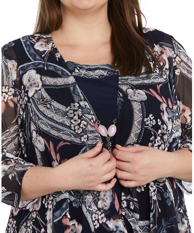 Plus Size Two-Piece Cascade Printed Jacket Sheath Dress Navy/Rose $57.12 Dresses