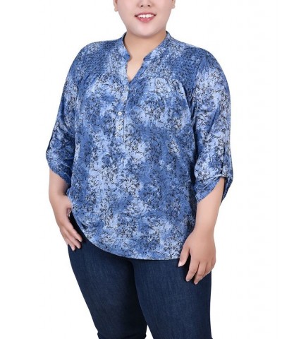 Plus Size 3/4 Roll Tab Sleeve Smocked-Yoke Top Etch Dark Blue $11.97 Tops