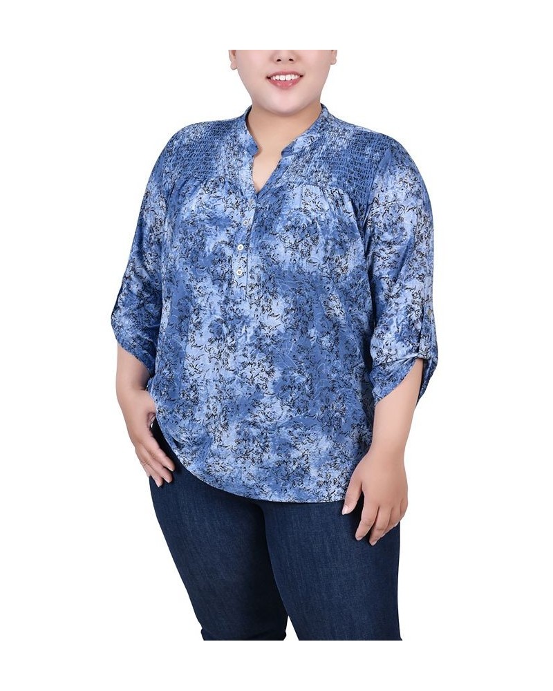 Plus Size 3/4 Roll Tab Sleeve Smocked-Yoke Top Etch Dark Blue $11.97 Tops