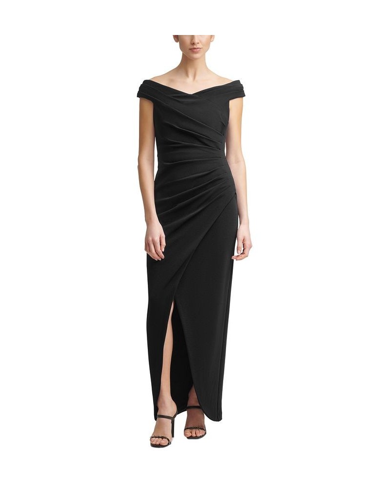 Off-The-Shoulder Ruched Gown Black $66.88 Dresses