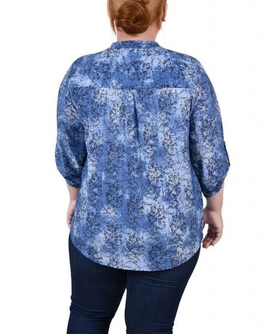 Plus Size 3/4 Roll Tab Sleeve Smocked-Yoke Top Etch Dark Blue $11.97 Tops