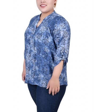 Plus Size 3/4 Roll Tab Sleeve Smocked-Yoke Top Etch Dark Blue $11.97 Tops