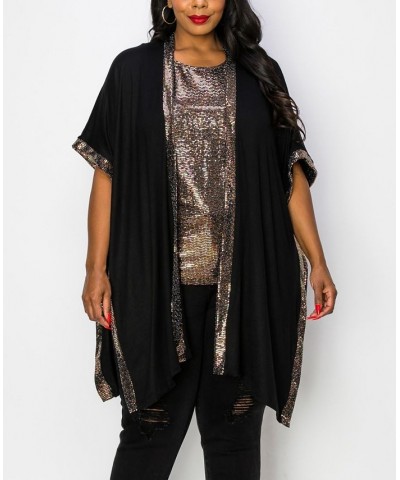 Plus Size Sequin Contrast Kimono Top Silver-Tone Black $28.00 Tops